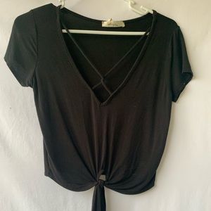 Black cotton crop top front tie